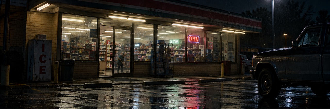 A rain-soaked convenience store at night from Night Shift